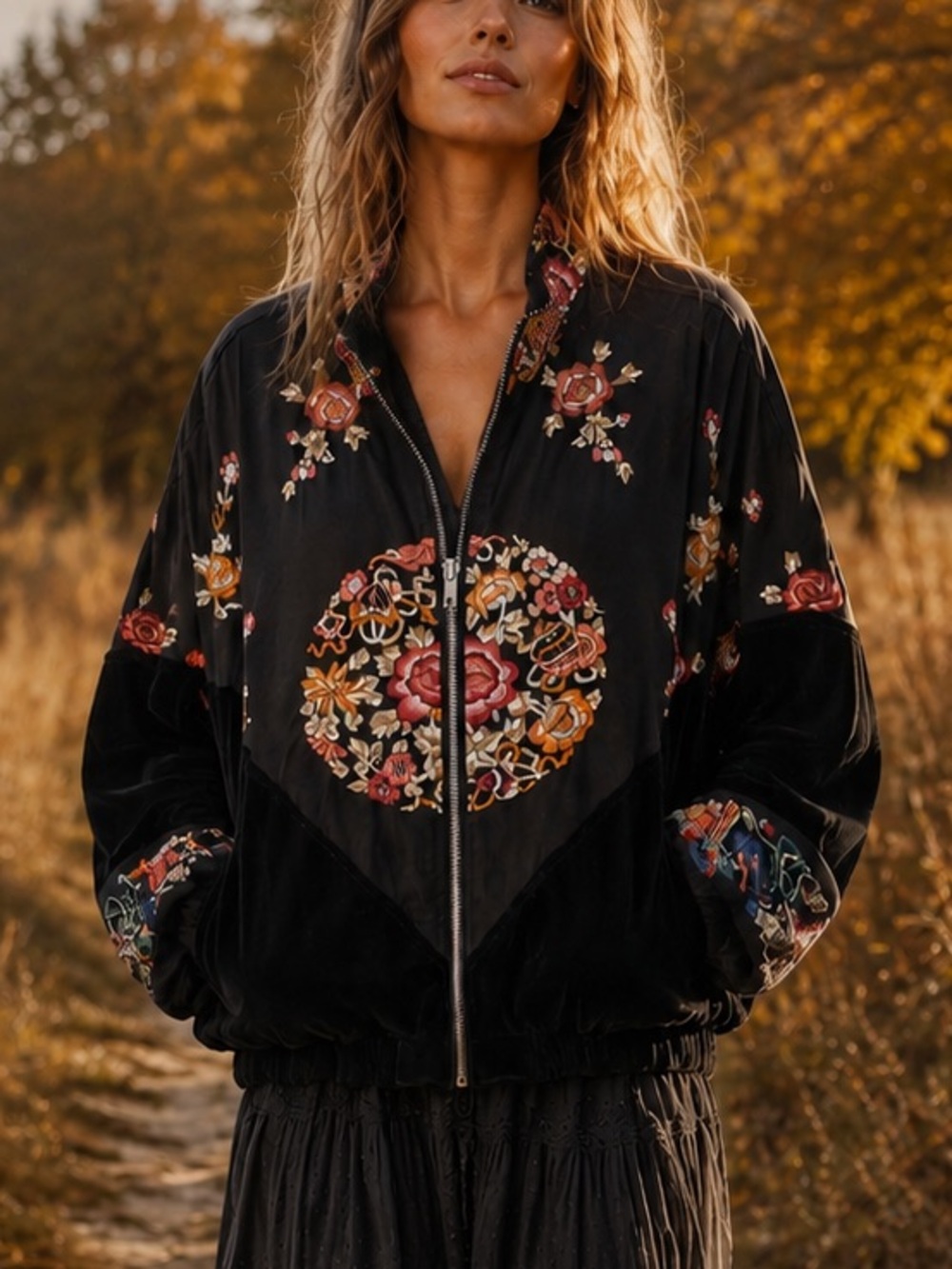 Free People Embroidered Velvet Bomber Jacket Black Size Medium - Picture 14 of 14